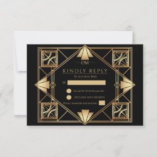 Vintage Black & Gold Art Deco Geometric Wedding  RSVP Card