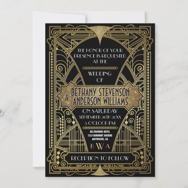Vintage Black & Gold Art Deco Wedding Invitations (Front)