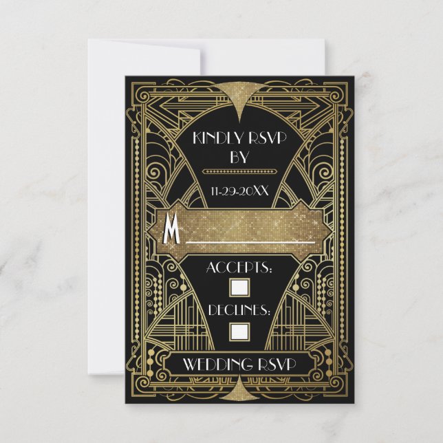 Vintage Black & Gold Art Deco Wedding RSVP Cards (Front)