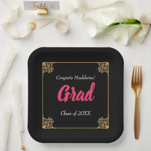 Vintage Black Gold Baroque Frame Pink Graduation Paper Plate