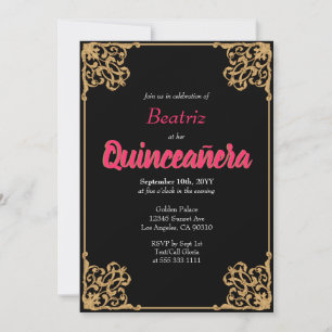 Vintage Black Gold Baroque Frame Pink Quinceañera Invitation
