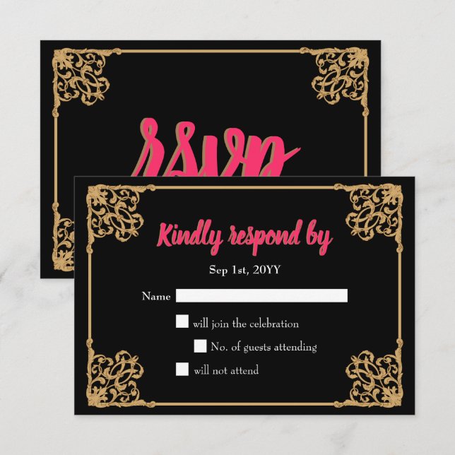 Vintage Black Gold Baroque Frame Pink Rsvp Card (Front/Back)