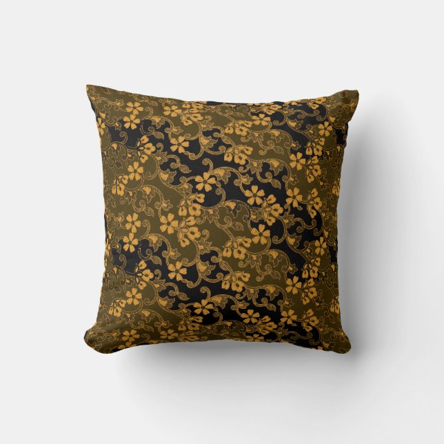 Vintage Black & Gold Elegant Floral Pattern Cushion (Front)