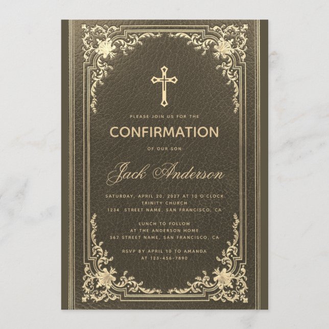 Vintage Black Gold Elegant Script Boy Confirmation Invitation (Front)