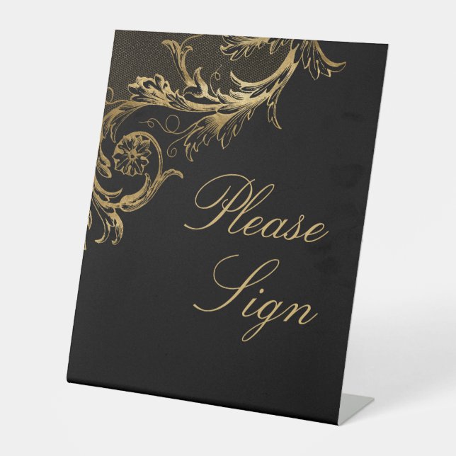 Vintage Black Gold Floral Damask Please Sign (Front)
