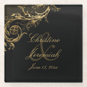 Vintage Black Gold Floral Damask Script Wedding Glass Coaster