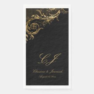 Vintage Black Gold Floral Damask Script Wedding Napkin