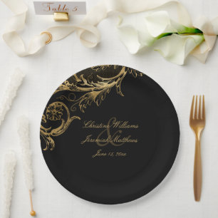 Vintage Black Gold Floral Damask Script Wedding Paper Plate