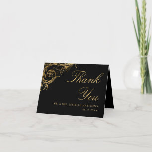 Vintage Black Gold Floral Damask Script Wedding Thank You Card