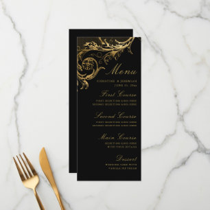 Vintage Black Gold Floral Damask Wedding Menu