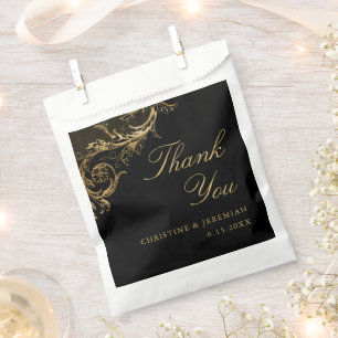 Vintage Black Gold Floral Damask Wedding Thank You Favour Bags