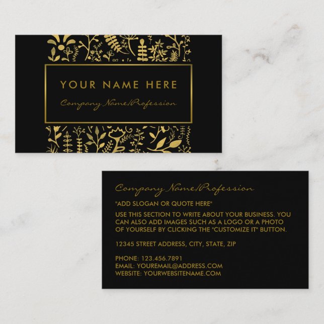 Vintage Black & Gold Foil Leaf Effect Business Card (Front/Back)