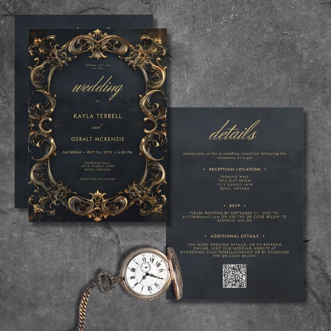 Vintage Black & Gold Frame Two Sided Wedding Invitation (Creator Uploaded)
