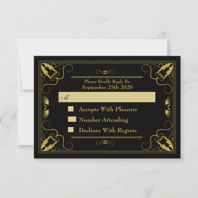 Vintage Black Gold Gilded Age Wedding RSVP Card (Front)