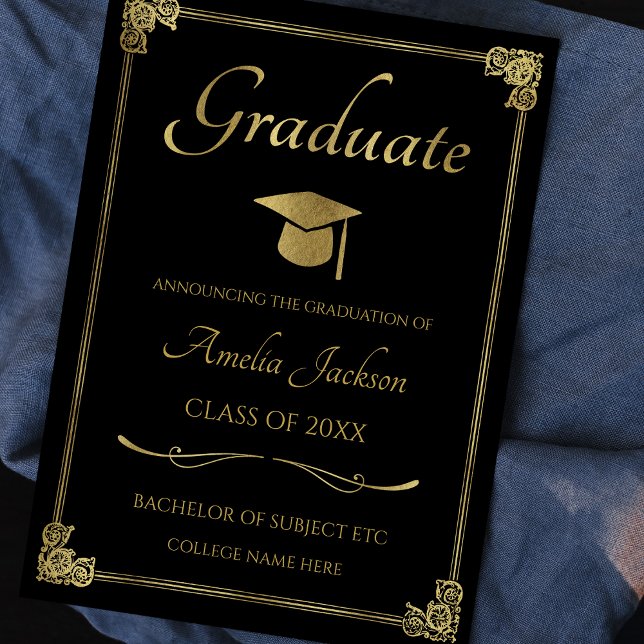 Vintage Black & Gold Graduation Announcement Card (Creator Uploaded)