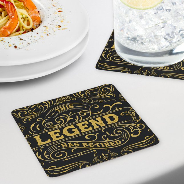 Vintage Black Gold Legend Retirement Square Paper Coaster (In situ dining table)