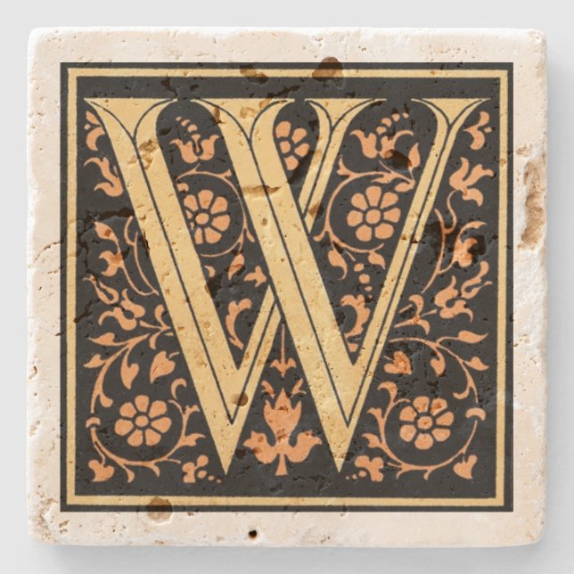 Vintage Black & Gold Letter ‘W’ Stone Coaster (Front)
