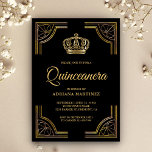 Vintage Black Gold Ornate Crown Quinceanera Invitation<br><div class="desc">Amaze your guests with this royal theme Quinceanera invitation featuring an elegant gold ornate border and a beautiful crown. Simply add your event details on this easy-to-use template to make it a one-of-a-kind invitation. Flip the card over to reveal a beautiful gold pattern on the back of the card. This...</div>