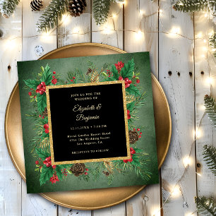 Vintage Black Gold Pine Greenery Christmas Wedding Invitation