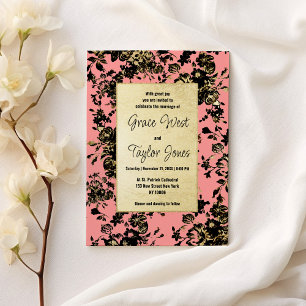Vintage black gold pink rose floral Wedding Invitation