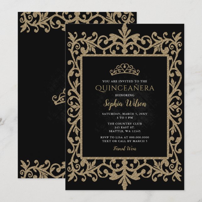 Vintage Black Gold Princess Tiara Quinceañera  Invitation (Front/Back)