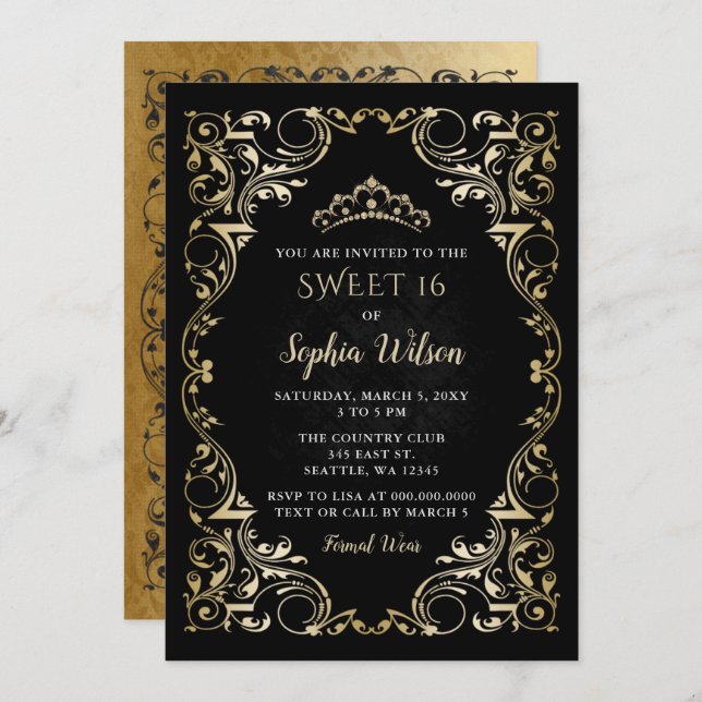 Vintage Black Gold Princess Tiara Sweet 16   Invitation (Front/Back)