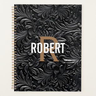 Vintage black gold tooled leather monogram name planner