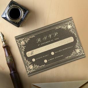 Vintage Black Gold Wedding Elegant Calligraphy RSVP Card
