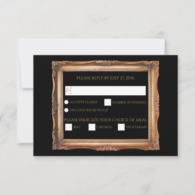 Vintage Black & Gold Wedding  RSVP Card (Front)