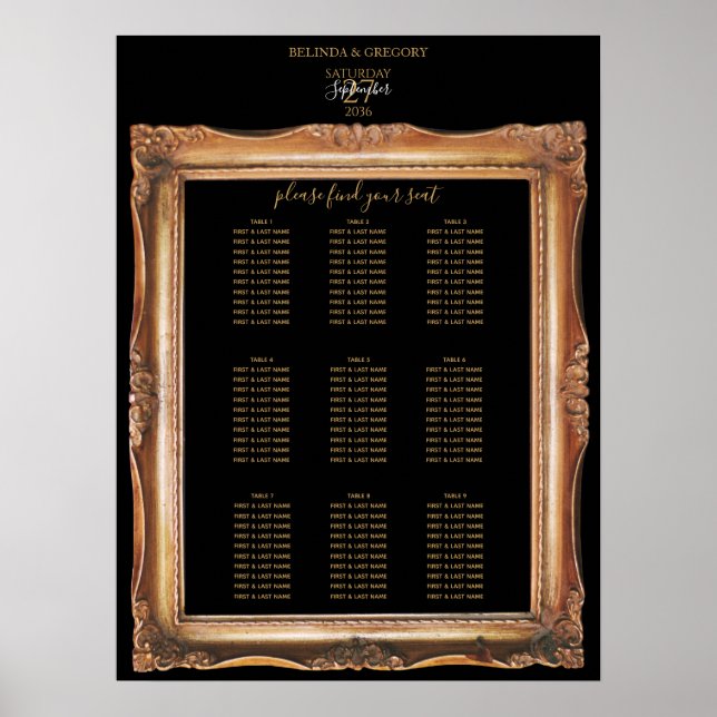 Vintage Black & Gold Wedding Seating Chart (Front)