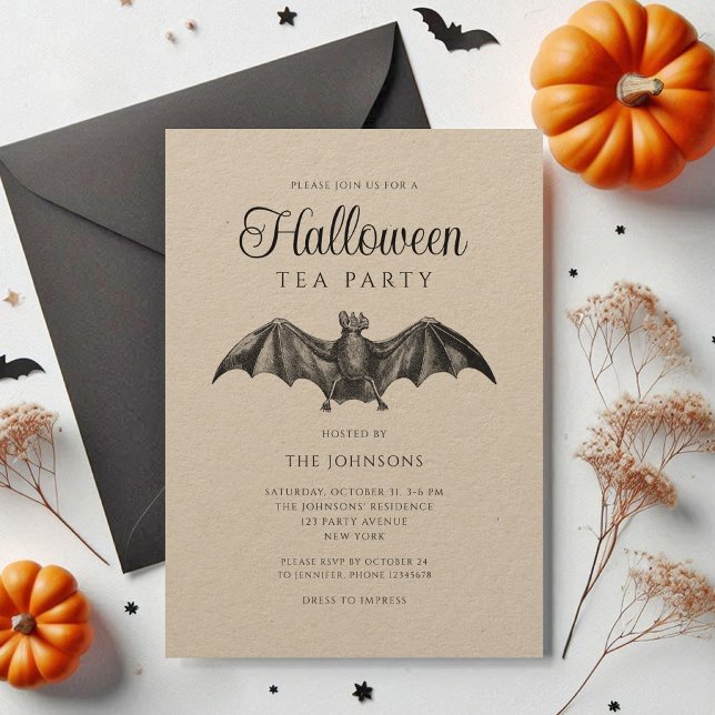 Vintage Black Gothic Bat Tea Party Halloween Invitation (Vintage Black Gothic Bat Tea Party Halloween Invitation)