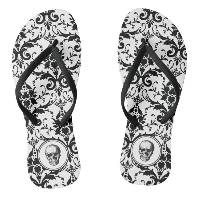 Vintage Black Gothic Damask Pattern Skull Jandals (Footbed)