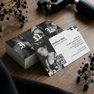 Vintage Black Gothic Tattoo Parlour Shop Photo QR Business Card