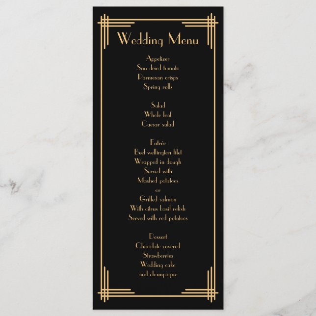 Vintage Black Great Gatsby Art Deco Wedding Menu (Front)