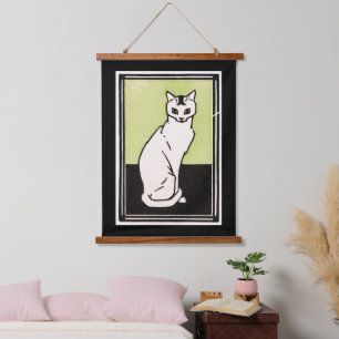 Vintage Black Green White Sitting Cat Illustration Hanging Tapestry