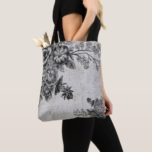 Vintage Black/Grey Flowers Wedding Tote Bag