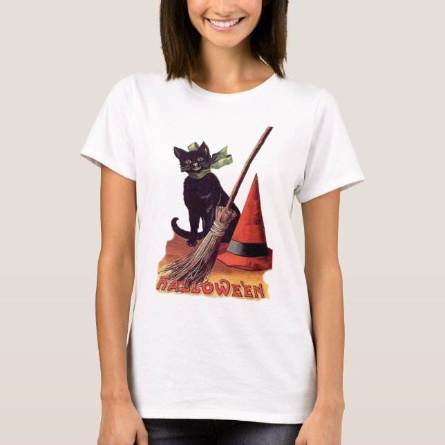 Vintage Black Halloween Cat T-Shirt (Front)