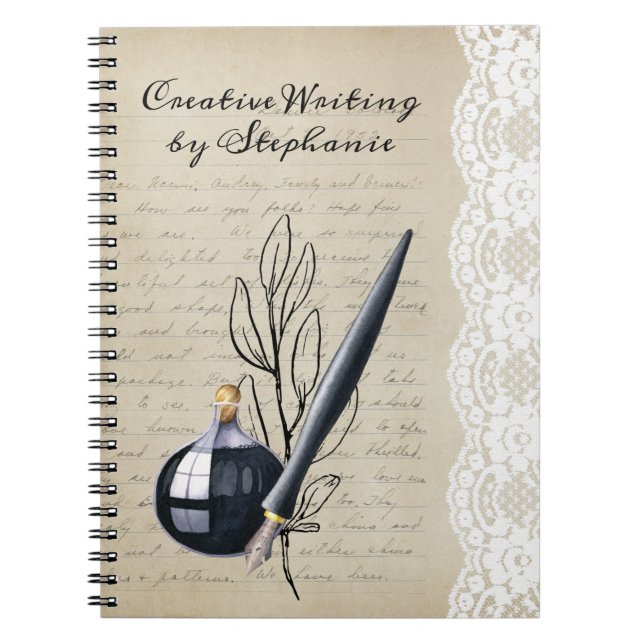 Vintage Black Inkwell and Nib Pen Spiral Notebook (Front)