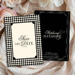 Vintage Black & Ivory Checkered Old Money Wedding Save The Date