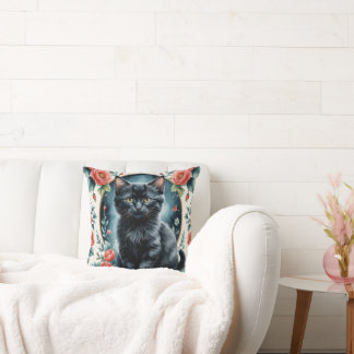 Vintage Black kitten and Peony Printed Cushion