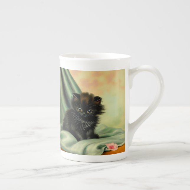 Vintage Black Kitten Illustration Bone China Mug (Right)