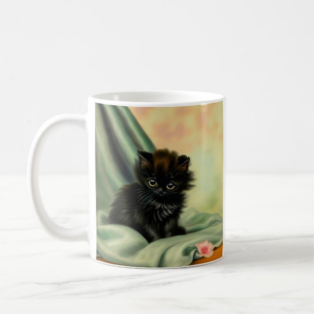 Vintage Black Kitten Illustration Coffee Mug (Left)