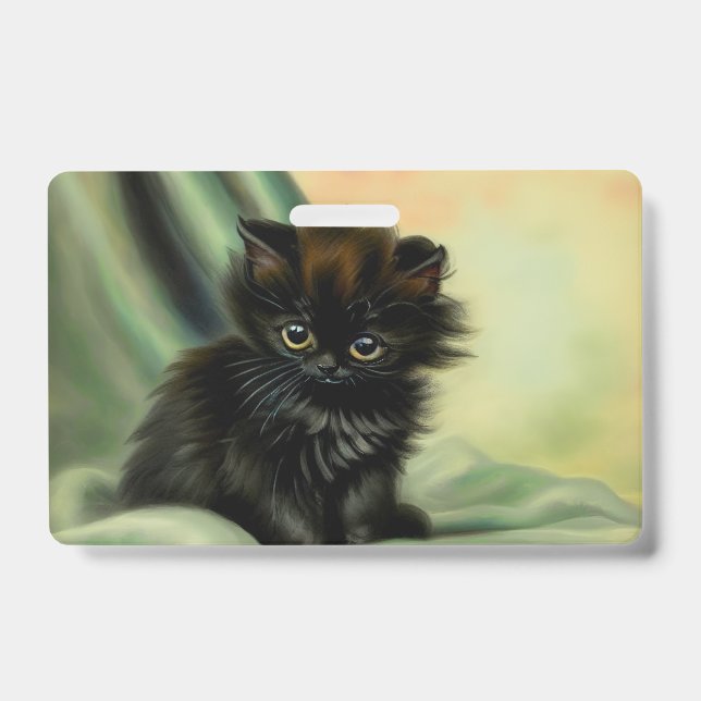 Vintage Black Kitten Illustration ID Badge (Front)