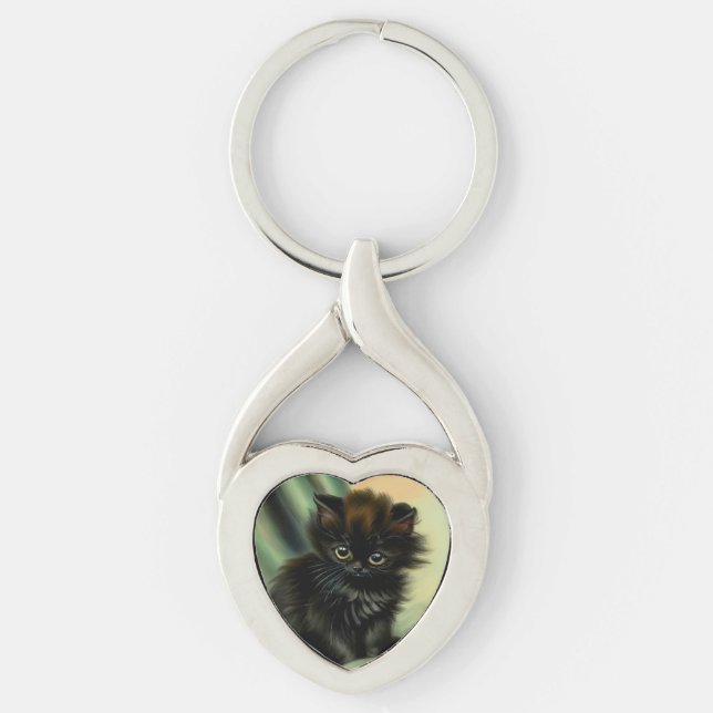 Vintage Black Kitten Illustration Key Ring (Front)