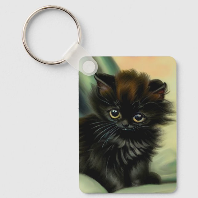 Vintage Black Kitten Illustration Key Ring (Front)