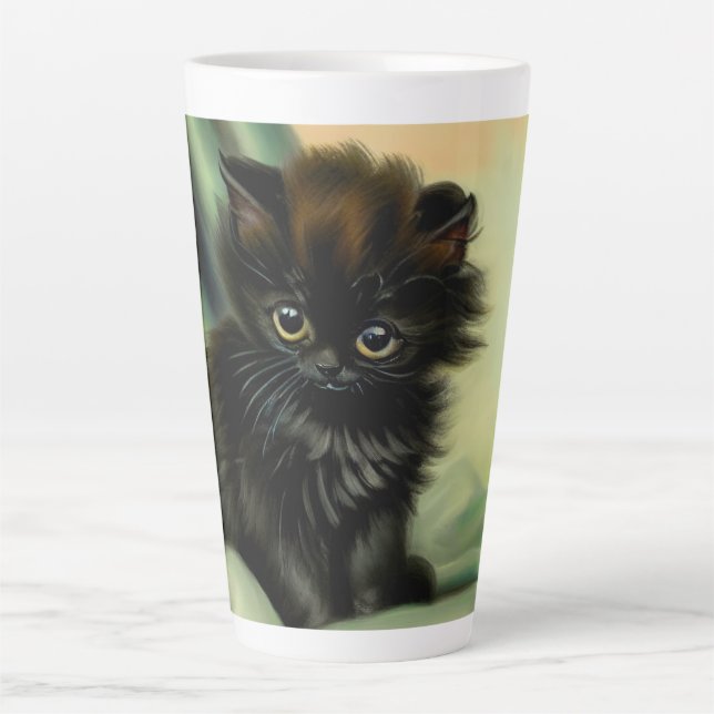Vintage Black Kitten Illustration Latte Mug (Front)