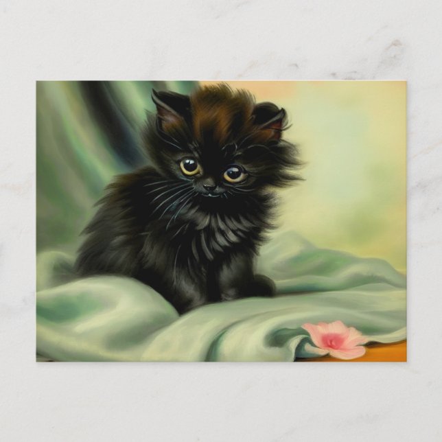 Vintage Black Kitten Illustration Postcard (Front)