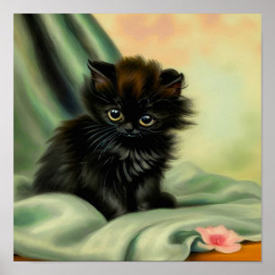 Vintage Black Kitten Illustration Poster