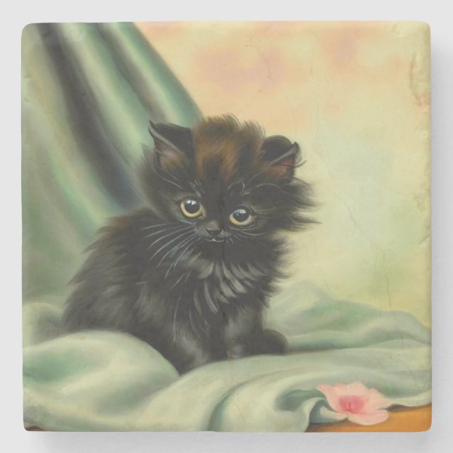 Vintage Black Kitten Illustration Stone Coaster (Front)