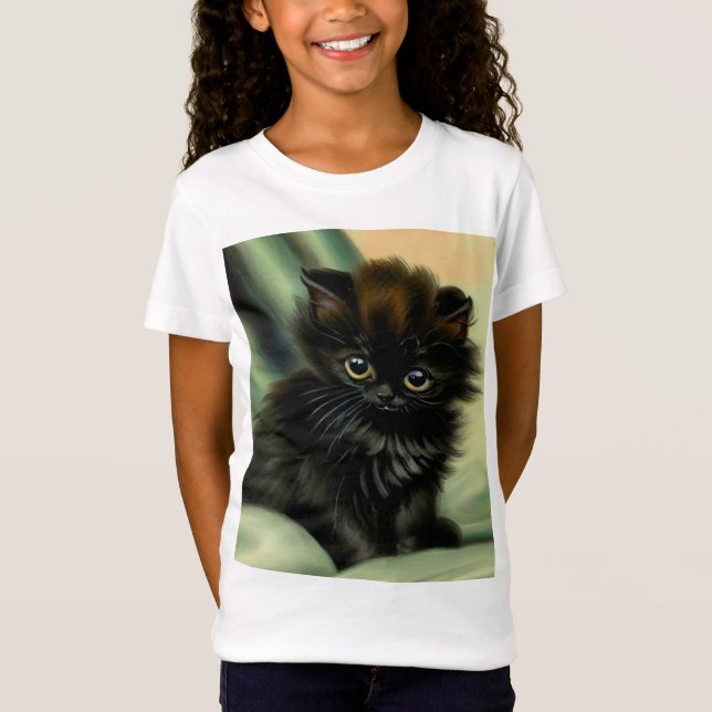 Vintage Black Kitten Illustration T-Shirt (Front)